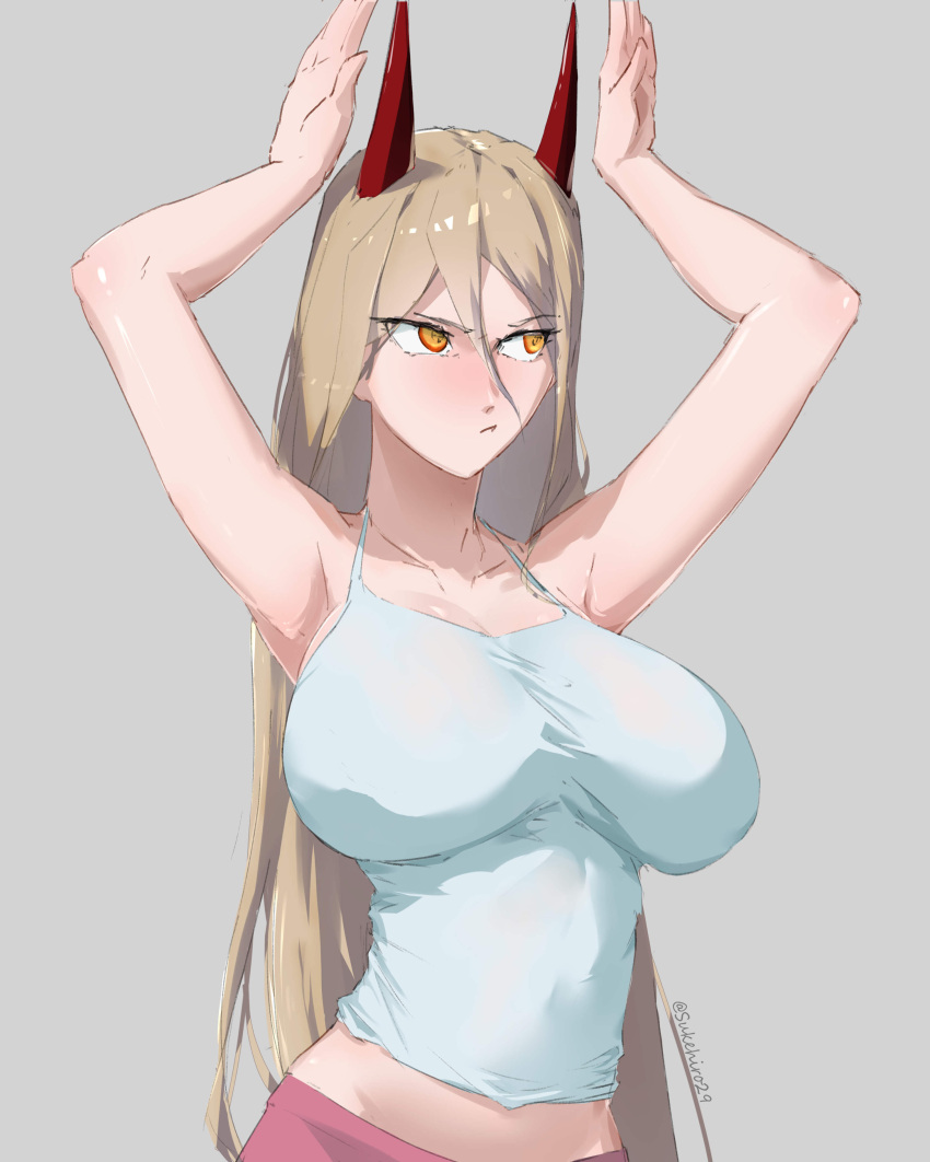 absurdres arms_up blonde_hair breasts camisole chainsaw_man cross-shaped_pupils demon_girl demon_horns female grey_background highres horns huge_breasts long_hair power_(chainsaw_man) red_horns simple_background solo sukehiro29 symbol-shaped_pupils white_camisole yellow_eyes