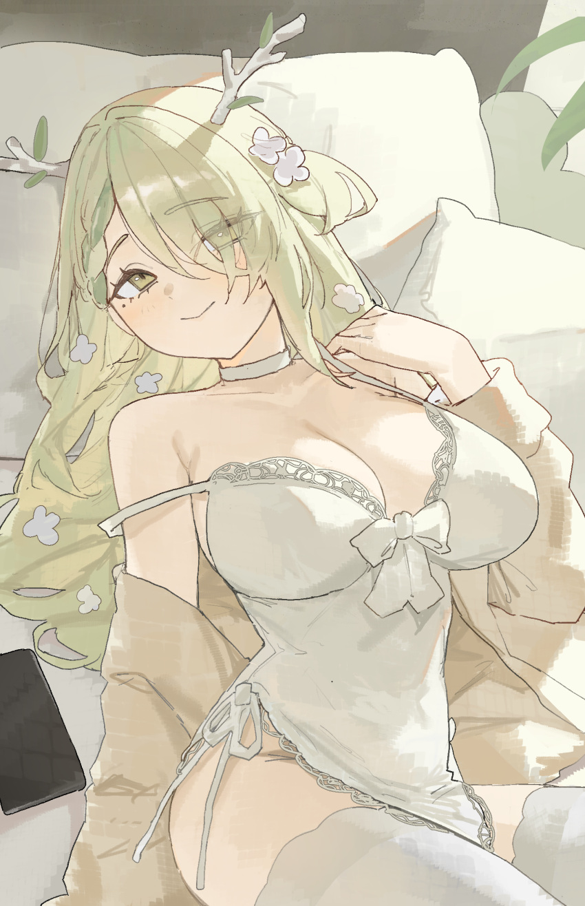 alternate_costume antlers arch_05x branch breasts cellphone ceres_fauna choker cleavage commentary covered_navel eyelashes female flower green_hair hair_branch hair_flower hair_ornament hair_over_one_eye highres hololive hololive_english horns jacket large_breasts lingerie long_sleeves lying mole mole_under_eye on_back on_bed open_clothes open_jacket pale_color phone pillow smartphone solo strap_slip thighhighs tree_horns underwear upper_body virtual_youtuber white_choker white_flower white_theme white_thighhighs yellow_eyes