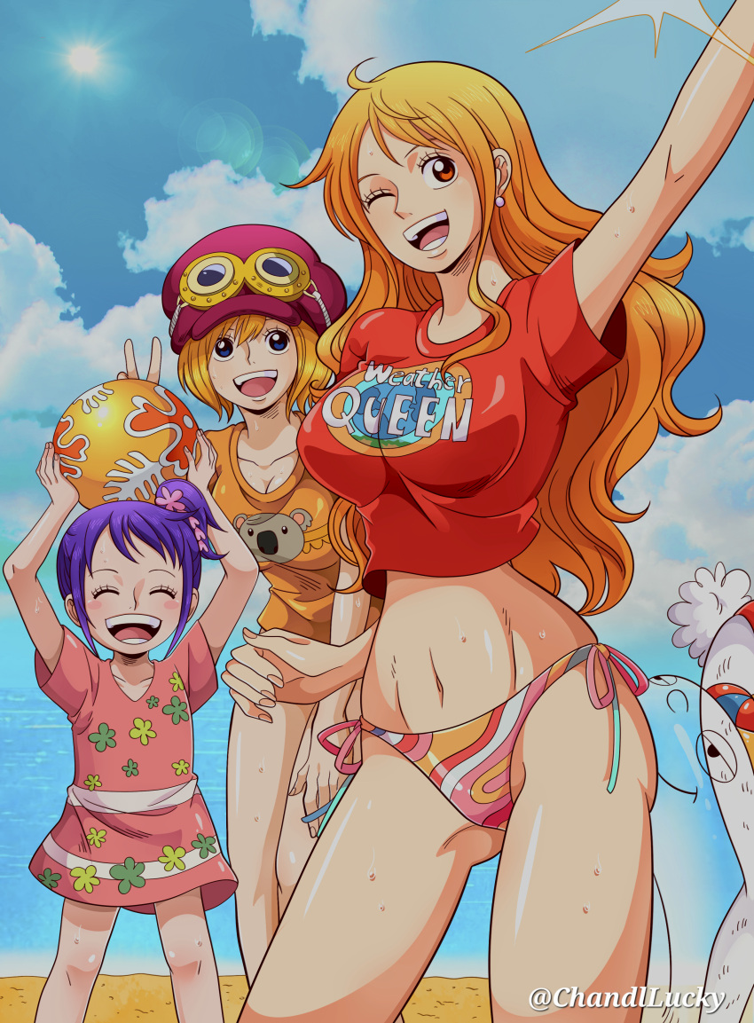 4girls absurdres animal_print arm_up arms_up ball beach beachball bear_print bikini bikini_bottom_only blue_sky blush_stickers breasts carrot_(one_piece) chandllucky closed_eyes cloud cloudy_sky cowboy_shot cropped_shirt earrings feet_out_of_frame floral_print goggles goggles_on_headwear hair_ornament hat highres holding holding_ball holding_beachball jewelry koala_(one_piece) kurozumi_tama large_breasts lolicon long_hair looking_at_viewer midriff mini_hat multicolored_bikini multicolored_clothes multiple_girls nami_(one_piece) narrow_waist navel ocean one_eye_closed one_piece open_mouth orange_eyes orange_hair orange_shirt out_of_frame outdoors panda_print pearl_earrings pink_skirt print_shirt purple_hair purple_hat rabbit_tail red_skirt sand selfie shirt short_hair short_sleeves side-tie_bikini_bottom side_ponytail single_sidelock skirt sky smile sun sweat swimsuit tail twitter_username v wavy_hair wet white_fur zeus_(one_piece)