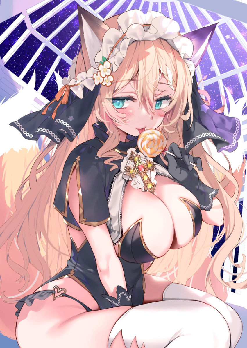 animal_ears aqua_eyes between_legs black_capelet black_gloves black_leotard black_panties blonde_hair blush breasts candy capelet cleavage commission cross female food fox_ears fox_girl fox_tail gloves hair_between_eyes hand_between_legs highres holding holding_candy holding_food holding_lollipop indie_virtual_youtuber kibii_mocha koromo_naruru large_breasts leotard licking lollipop long_hair looking_at_viewer panties ribbon sitting skeb_commission solo star_(symbol) swirl_lollipop tail thighhighs tongue tongue_out underwear very_long_hair virtual_youtuber white_thighhighs