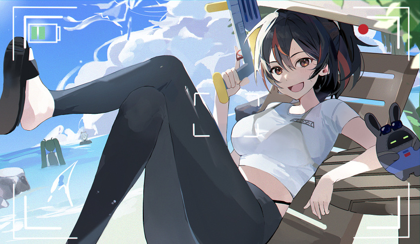 1boy 2girls :d artist_request black_hair black_leggings blue_sky breasts brown_eyes chair cloud cropped_shirt crossed_legs green_hair high-waist_pants highres knees_up large_breasts leggings lounge_chair midriff multiple_girls on_chair open_mouth pants ponytail qingyi_(zenless_zone_zero) sandals seth_lowell shirt sitting sky smile solo_focus stuffed_toy viewfinder water_gun white_shirt zenless_zone_zero zhu_yuan