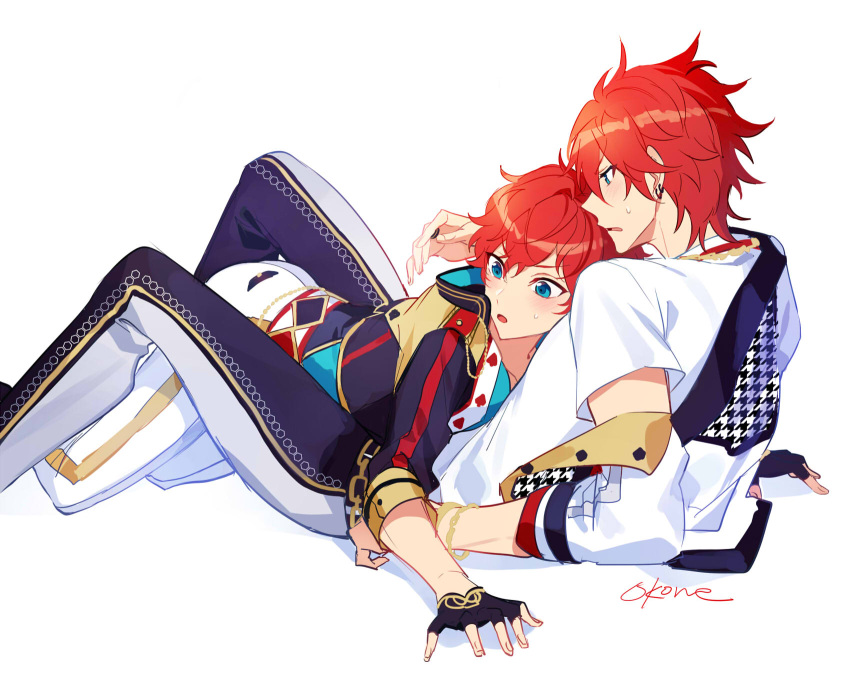 2boys amagi_hiiro amagi_rinne aqua_eyes artist_name between_legs brothers ensemble_stars! fallen_down feet_out_of_frame hand_on_floor head_on_chest highres incest invisible_floor light_blush male_focus mmmomom multiple_boys official_style on_floor parted_lips reclining red_hair shadow siblings signature simple_background sweatdrop white_background yaoi