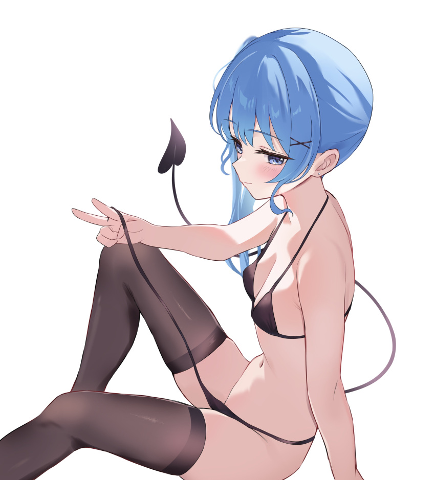 absurdres arm_support bikini bikini_bottom_aside bikini_bottom_pull black_bikini black_thighhighs blue_eyes blue_hair blush breasts cleavage clothing_aside collarbone commentary demon_tail earrings fawny feet_out_of_frame female from_side hair_ornament hand_on_own_knee highres hololive hoshimachi_suisei jewelry knee_up long_hair looking_at_viewer navel pussy pussy_peek side_ponytail simple_background sitting small_breasts smile solo stud_earrings swimsuit tail thighhighs v virtual_youtuber white_background x_hair_ornament