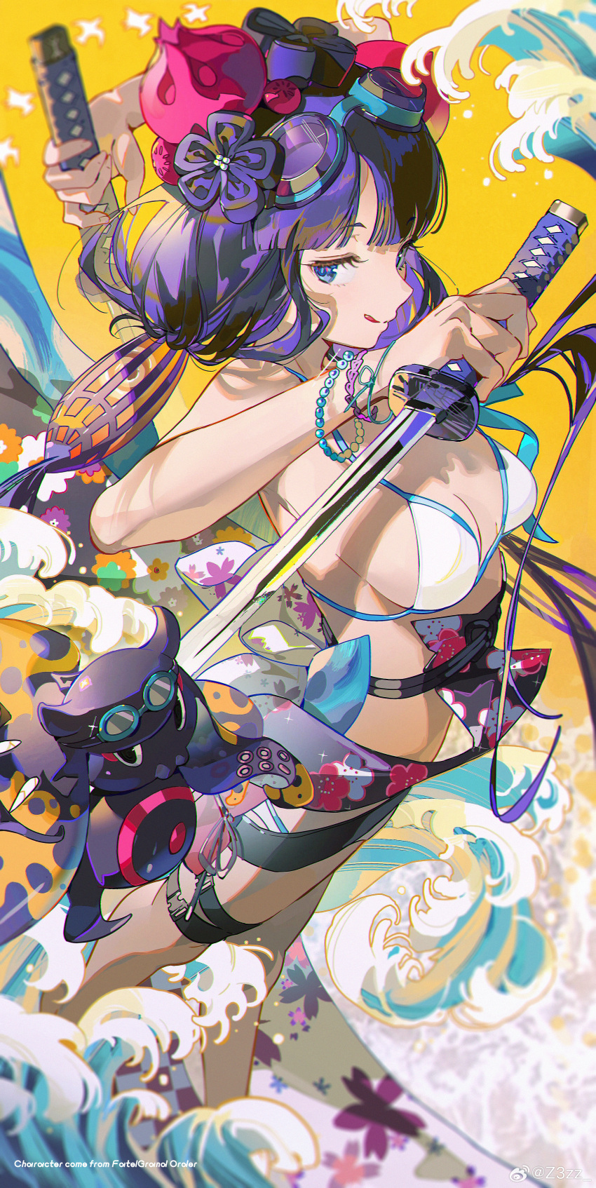 :q absurdres bare_shoulders beads bikini blue_eyes bracelet breasts cleavage dual_wielding fate/grand_order fate_(series) female floral_print from_side goggles goggles_on_head hair_ornament highres holding holding_sword holding_weapon jewelry katana katsushika_hokusai_(fate) katsushika_hokusai_(swimsuit_saber)_(fate) long_hair looking_at_viewer medium_breasts octopus purple_hair smile swimsuit sword thigh_strap tokitarou_(fate) tongue tongue_out twintails waves weapon white_bikini yellow_background z3zz4