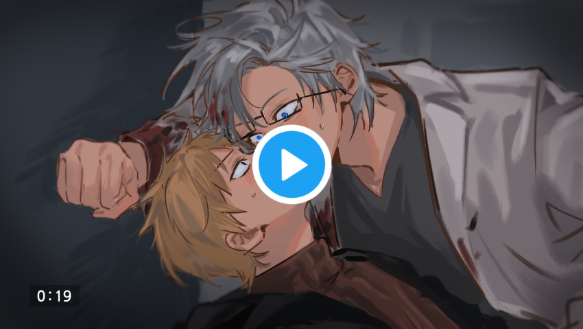 2boys atou_haruki black_jacket black_shirt blonde_hair blood blood_on_clothes blood_on_face blue_eyes blush brown_sweater commentary_request fake_video glasses grey_hair highres implied_kiss indoors jacket kanou_aogu korean_commentary long_sleeves male_focus multiple_boys open_clothes open_jacket rectangular_eyewear red_eyes saibou_shinkyoku semi-rimless_eyewear shirt short_hair ss_o0_0 sweat sweater turtleneck turtleneck_sweater white_jacket wide-eyed yaoi