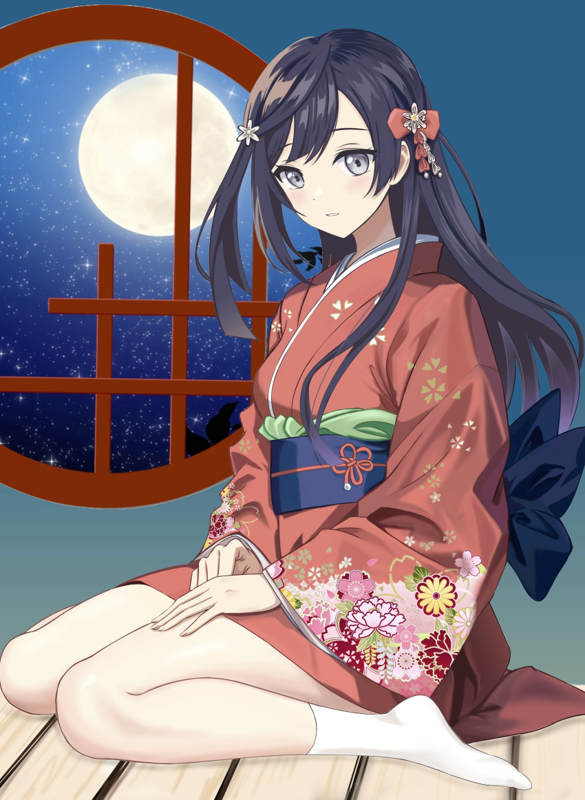 absurdres black_hair breasts commentary female floral_print flower_hairpin full_moon grey_eyes highres japanese_clothes kimono long_hair looking_at_viewer love_live! love_live!_nijigasaki_high_school_idol_club medium_breasts moon night night_sky one_side_up red_kimono seiza sitting sky socks solo star_(sky) starry_sky tanabata window yuki_setsuna_(love_live!) zaofeng