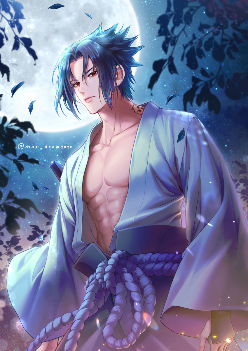 1boy abs absurdres artist_name black_hair collarbone full_moon highres japanese_clothes kimono looking_at_viewer moe_draw2020 moon naruto naruto_(series) naruto_shippuuden night night_sky open_clothes open_kimono parted_bangs pectorals sky solo spiked_hair standing tattoo uchiha_sasuke wide_sleeves