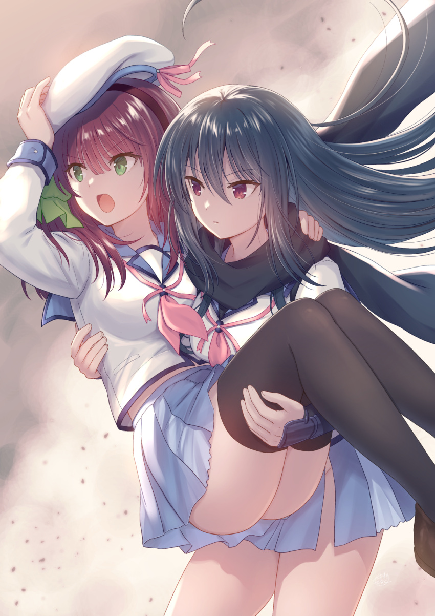 2girls angel_beats! beret black_hairband black_scarf black_thighhighs blue_skirt blunt_bangs carrying closed_mouth commentary eyes_visible_through_hair feet_out_of_frame floating_hair frown green_eyes hair_between_eyes hairband hand_on_headwear hand_up hat hat_ribbon highres hip_vent long_hair long_sleeves looking_afar medium_hair miniskirt multiple_girls nakamura_hinato nakamura_yuri neckerchief open_mouth pink_neckerchief pink_ribbon pleated_skirt princess_carry red_eyes ribbon scarf serious shiina_(angel_beats!) shinda_sekai_sensen_uniform shirt sidelocks simple_background skirt smoke straight_hair thighhighs thighs tsurime v-shaped_eyebrows white_hat white_shirt zettai_ryouiki