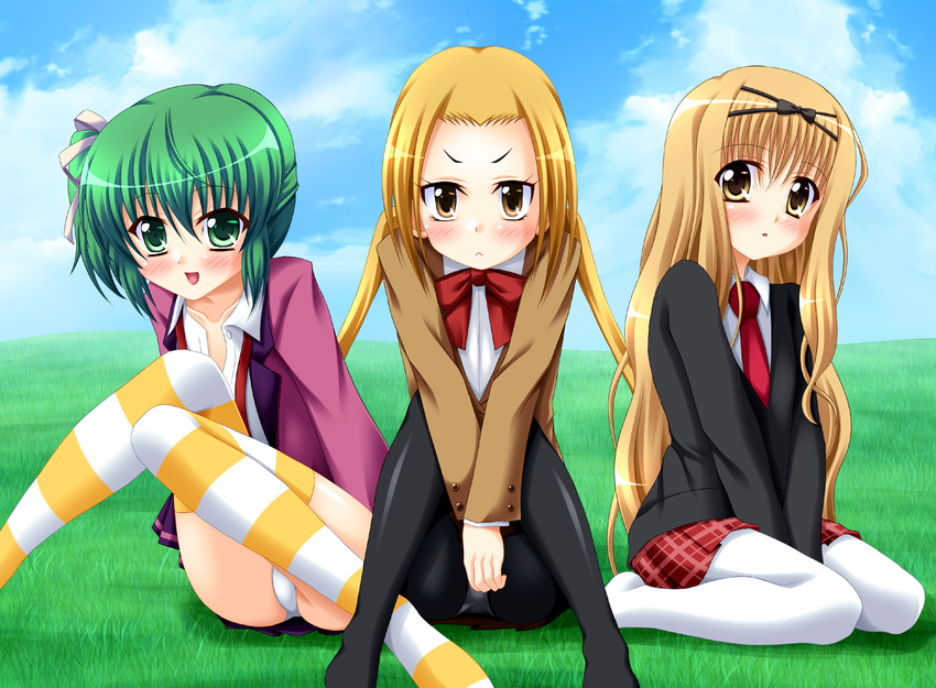 3girls :< bad_id bad_pixiv_id black_pantyhose blonde_hair blush cloud crossover day grass green_eyes green_hair hagimura_suzu hair_ribbon hiiragi_noa long_hair mashiro_rima mm! multiple_girls necktie open_clothes open_mouth outdoors panties panties_under_pantyhose pantyhose ribbon school_uniform seitokai_yakuindomo seiyo_academy_school_uniform shugo_chara! side_ponytail sitting sky smile striped_clothes striped_thighhighs thighhighs twintails underwear voice_actor_connection white_pantyhose yahagi_sayuri yuunagi_kanade