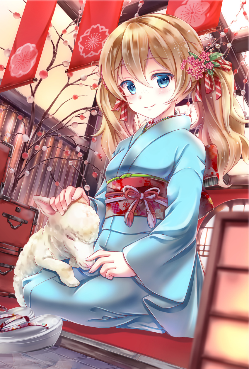 animal bad_id bad_pixiv_id blonde_hair blue_eyes blue_kimono blush commentary_request female freckles girlfriend_(kari) hair_ornament hair_ribbon highres japanese_clothes kanzashi kimono kuuron long_hair looking_at_viewer obi ribbon sandals sash seiza sheep shiratori_shiori sitting smile solo tsumami_kanzashi twintails unworn_sandals wavy_hair