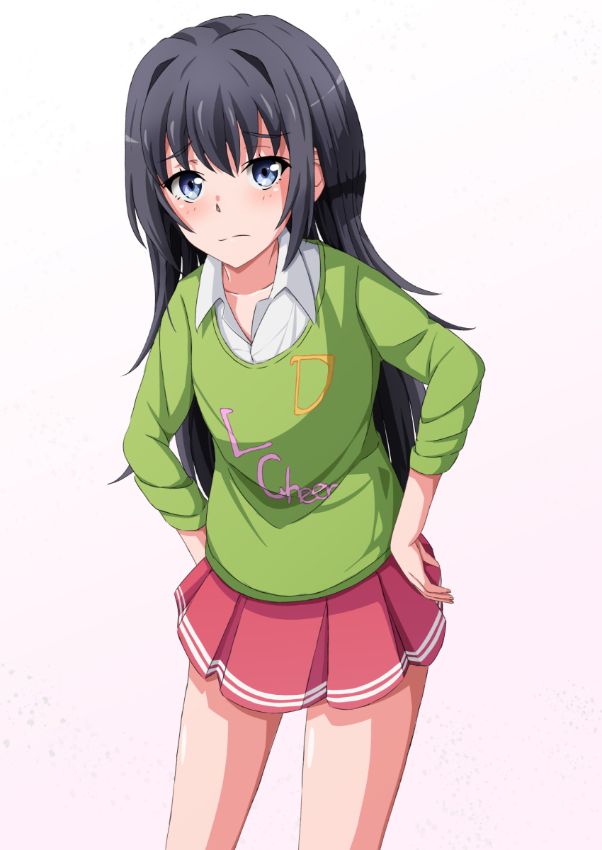 black_hair blue_eyes closed_mouth collared_shirt cowboy_shot female green_sweater hands_on_own_hips highres konoyan long_hair long_sleeves pink_skirt pleated_skirt shirt simple_background skirt sleeves_rolled_up solo standing sweater thighs tsurumi_rumi white_background white_shirt yahari_ore_no_seishun_lovecome_wa_machigatteiru.