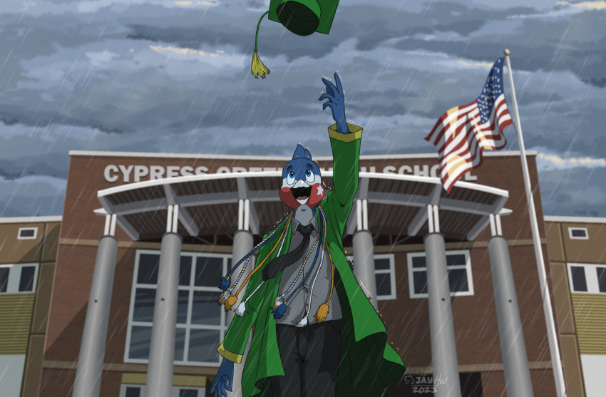 2023 5_fingers american_flag anthro artist_logo avian beak bird black_bottomwear black_clothing black_eyebrows black_necktie black_pants blue_body blue_eyes blue_feathers bottomwear building cheek_markings clothing countershade_face countershade_neck countershading detailed_background eyebrows facial_markings feathers fingers flagpole graduation graduation_cap graduation_robe green_clothing green_topwear grey_clothing grey_cloud grey_topwear grey_vest head_markings head_tuft hi_res logo looking_up low-angle_view male markings mortarboard necktie open_beak open_mouth outside oversized_clothing pants pink_tongue raining red_body red_feathers sammfeatblueheart shaded signature solo standing star_(marking) throwing_hat tongue topwear tuft united_states_of_america vest white_beak white_body white_feathers