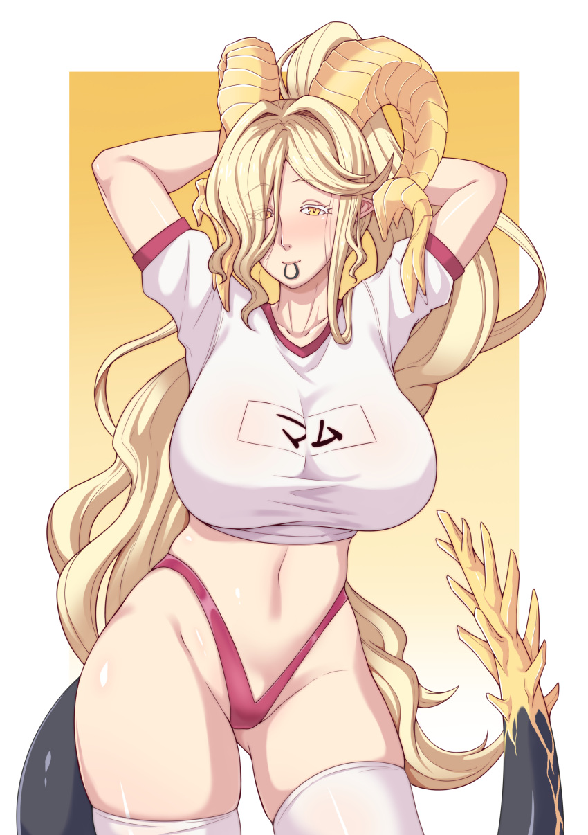 absurdres blonde_hair blush colored_eyelashes cowboy_shot crop_top eyes_visible_through_hair female gradient_background gym_uniform hands_in_hair highleg highleg_panties highres horns impossible_clothes kulve_taroth long_hair looking_at_viewer monster_hunter:_world monster_hunter_(series) mouth_hold nose_blush panties parted_bangs personification pointy_ears revision shirt skindentation solo tail taut_clothes taut_shirt thighhighs thighs two-tone_background underwear very_long_hair white_background white_shirt white_thighhighs yamanata yellow_background yellow_eyes