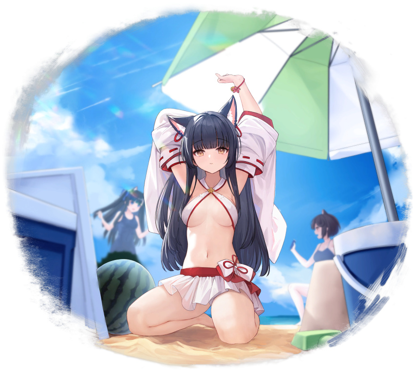 3girls allenes animal_ear_fluff animal_ears arms_up azur_lane beach beach_umbrella bikini bikini_skirt black_hair blue_sky blurry blurry_background breasts brown_eyes cloud cloudy_sky criss-cross_halter day earrings food fruit full_body halterneck hatsuharu_(azur_lane) highres jewelry kneeling long_hair medium_breasts multiple_girls navel official_art outdoors sky stomach swimsuit umbrella wakaba_(azur_lane) watermelon yuugure_(azur_lane) yuugure_(fun_in_the_sun)_(azur_lane)