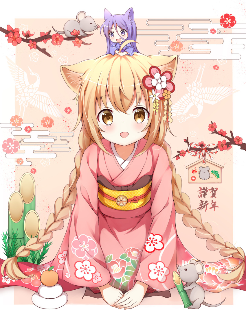 2girls :d absurdres animal animal_ear_fluff animal_ears bad_id bad_pixiv_id bamboo blonde_hair blush braid branch brown_eyes chibi chibi_on_head chinese_zodiac commentary egasumi floral_print flower fox_ears hair_flower hair_ornament highres japanese_clothes kadomatsu kagami_mochi kimono konohana_kitan long_hair long_sleeves looking_at_viewer low_twintails mini_person minigirl mouse_(animal) multiple_girls nengajou new_year obi on_head open_mouth person_on_head pink_kimono print_kimono purple_eyes purple_hair purple_kimono red_flower revision sash satsuki_(konohana_kitan) smile stick_jitb twin_braids twintails very_long_hair white_flower wide_sleeves year_of_the_rat yuzu_(konohana_kitan)