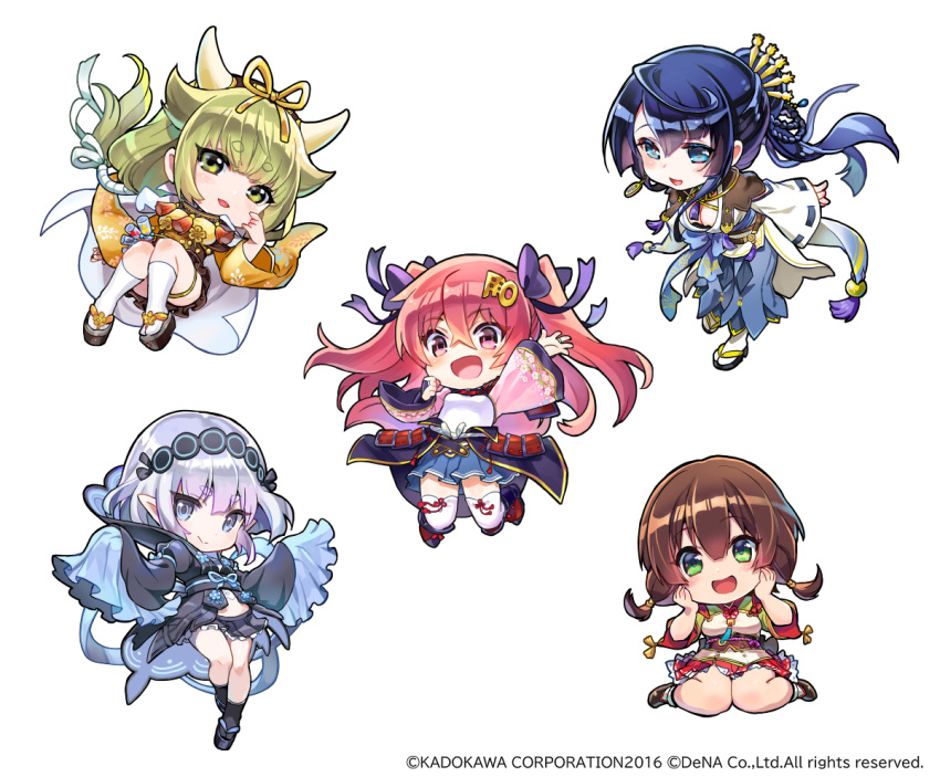 5girls armor black_hairband black_ribbon black_socks blonde_hair blue_eyes blue_hair blue_sash blue_skirt bob_cut breasts brown_capelet brown_hair brown_skirt cape capelet chibi chibi_only cleavage closed_mouth commentary_request copyright_notice cow_horns detached_sleeves fake_horns fukube goou_yoshimitsu green_eyes green_kimono hair_bun hair_flaps hair_ornament hair_rings hairband hairclip hakama hakama_skirt horns inverted_bob japanese_armor japanese_clothes jouizumi_masamune kimono kneehighs kogarasumaru_(tenka_hyakken) kuwana_gou_(tenka_hyakken) legs_folded long_hair long_sleeves low_ponytail medicine_bottle midair miko multiple_girls nanaka_(tenka_hyakken) official_art open_mouth pink_kimono purple_eyes purple_hair red_eyes red_hair red_skirt ribbon ribbon_trim sash short_hair single_hair_bun skirt smile socks swept_bangs tenka_hyakken thick_eyebrows thighhighs two_side_up white_cape white_socks wide_sleeves yellow_eyes