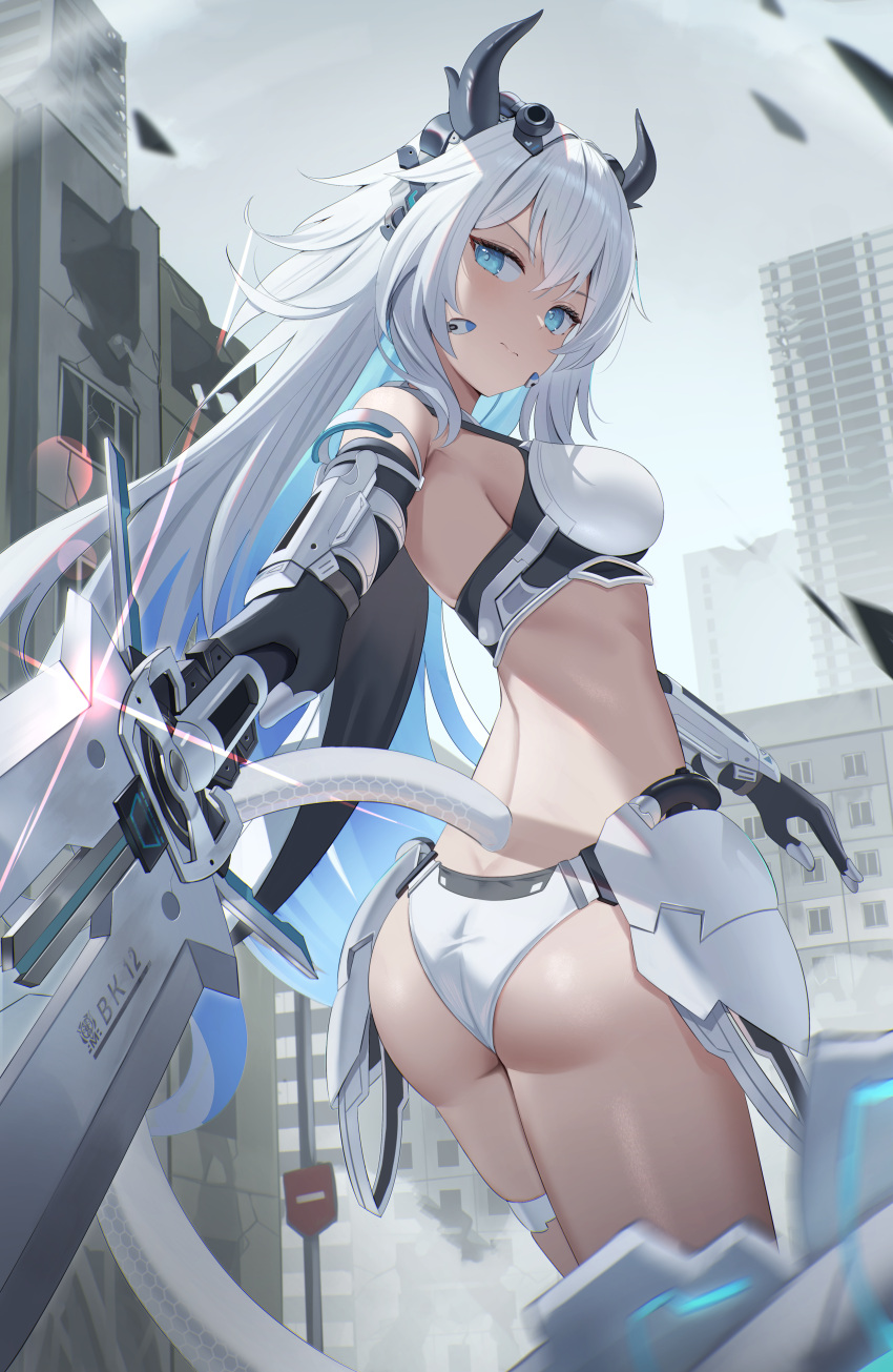 absurdres ass bikini black_gloves blue_eyes blue_hair breasts building city closed_mouth commentary_request cowboy_shot elbow_gloves female from_behind gloves highres holding holding_sword holding_weapon horns long_hair looking_at_viewer looking_back mecha_musume medium_breasts mirufuaa multicolored_hair original outdoors overcast sky solo swimsuit sword very_long_hair weapon white_bikini white_hair