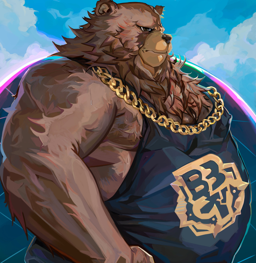 2024 absurd_res anthro bear belly ben_bigger biceps black_clothing black_shirt black_tank_top black_topwear blue_background brown_body chain_necklace clothing cloud hi_res jessebrart jewelry looking_sideways male mammal mihoyo moobs musclegut muscular necklace overweight overweight_male shirt simple_background sky sky_background solo tank_top topwear zenless_zone_zero