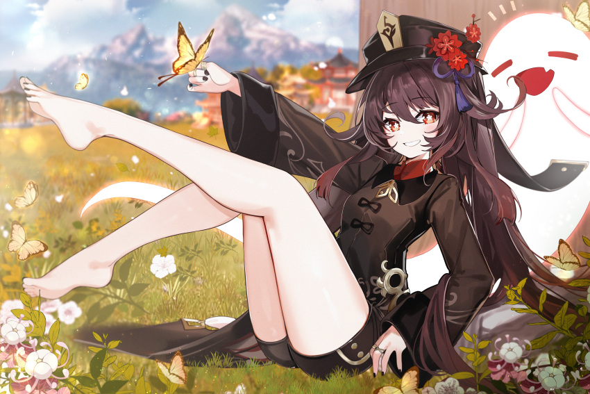 absurdres bare_legs barefoot black_nails black_shorts blurry blurry_background blush boo_tao_(genshin_impact) breasts bug butterfly butterfly_on_hand chinese_clothes collared_coat feet female flower flower-shaped_pupils genshin_impact ghost hair_between_eyes hat hat_flower hat_tassel highres hu_tao_(genshin_impact) jewelry legs long_hair long_sleeves looking_at_viewer multiple_rings nail_polish on_grass outdoors porkpie_hat red_eyes ring shorts silver_(chenwen) sitting small_breasts smile solo symbol-shaped_pupils thighs twintails very_long_hair