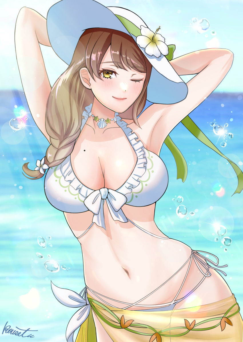 absurdres armpits arms_behind_head bikini blue_sky blush braid breasts brown_hair cleavage closed_mouth commentary_request day female fire_emblem fire_emblem_engage fire_emblem_heroes flower goldmary_(fire_emblem) goldmary_(summer)_(fire_emblem) hat highres kousetu0506 large_breasts long_hair looking_at_viewer mole mole_on_breast navel ocean official_alternate_costume one_eye_closed outdoors sarong see-through signature sky smile solo stomach sun_hat swimsuit water white_bikini white_flower white_hat yellow_eyes