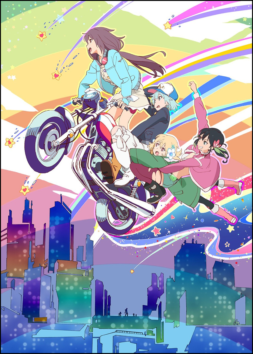 6+girls black_hair hat hibiki_ai highres kosaka_yukina maccha_green misono_chiaya moritomo_nozomi motor_vehicle motorcycle multiple_girls official_art shigyou_kuniko the_rolling_girls utoku_masami