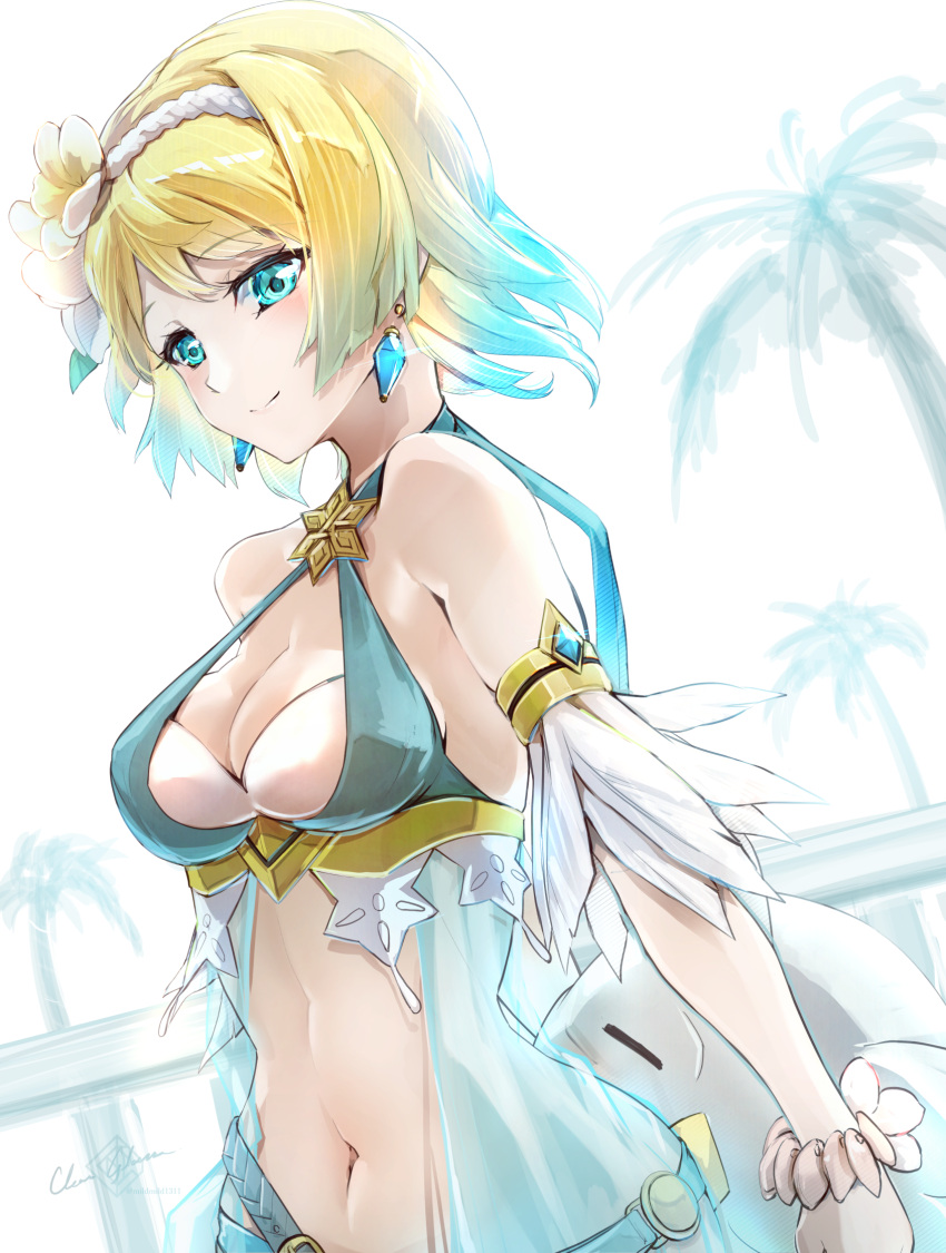 bikini blonde_hair blue_bikini blue_eyes blue_hair breasts character_doll clear_glass_(mildmild1311) closed_mouth commentary_request earrings feh_(fire_emblem_heroes) female fire_emblem fire_emblem_heroes fjorm_(fire_emblem) fjorm_(summer)_(fire_emblem) flower gradient_hair hair_flower hair_ornament highres jewelry looking_at_viewer medium_breasts multicolored_hair navel official_alternate_costume short_hair signature smile solo stomach swimsuit two-tone_hair white_flower