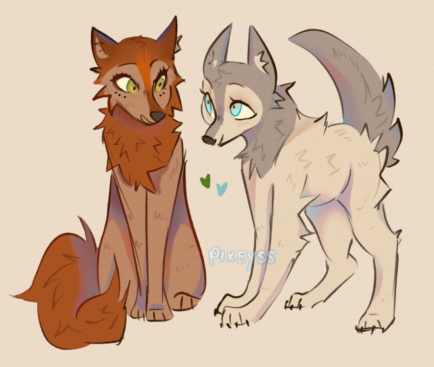 2020 blue_eyes canid canine canis cartoon_saloon duo female female/female feral freckles fur green_eyes grey_body grey_fur heart_symbol hi_res mammal mebh_og_mactire pixeyss red_body red_fur robyn_goodfellowe signature simple_background wolf wolfwalkers