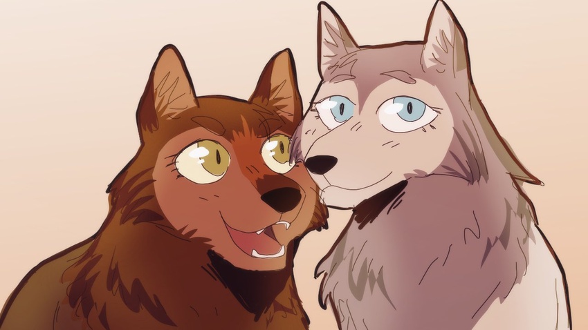 16:9 2020 blue_eyes canid canine canis cartoon_saloon duo fangs female female/female feral freckles fur green_eyes grey_body grey_fur looking_at_viewer mammal mebh_og_mactire paintedpaw red_body red_fur robyn_goodfellowe simple_background teeth widescreen wolf wolfwalkers