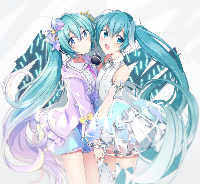 2girls :o agonasubi aqua_eyes aqua_hair bare_shoulders blue_eyes blue_skirt bow commentary detached_sleeves digital_stars digital_stars_miku digital_stars_miku_(2021) dress dual_persona frilled_shirt frilled_skirt frills glowstick hair_ornament hairbow hatsune_miku hatsune_miku_expo headphones holding_hands jacket long_hair map_print microphone miniskirt multiple_girls open_mouth penlight_(glowstick) pleated_skirt purple_bow purple_jacket see-through see-through_dress see-through_sleeves shirt shoulder_tattoo side-by-side sideways_glance simple_background skirt smile star_(symbol) star_hair_ornament tattoo thighhighs twintails very_long_hair vocaloid white_background white_legwear white_shirt white_skirt