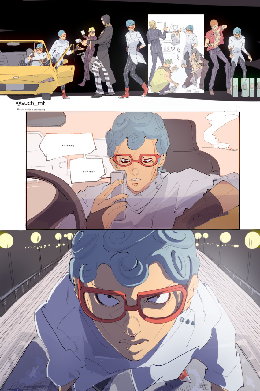 ... 6+boys artist_name black_eyes black_gloves black_pants blonde_hair blue_eyes blue_hair boots buzz_cut car car_interior coat fingerless_gloves formaggio formal full_body ghiaccio glasses gloves green_eyes grey_hair highres holding holding_phone illuso jacket jojo_no_kimyou_na_bouken lips long_hair long_sleeves melone motor_vehicle multiple_boys orange_hair outdoors pants pesci phone purple_jacket purple_pants red_footwear red_jacket risotto_nero short_hair short_sleeves sleeveless sleeveless_coat speech_bubble squatting steering_wheel such_mf twitter_username vento_aureo very_short_hair white_jacket yellow_coat