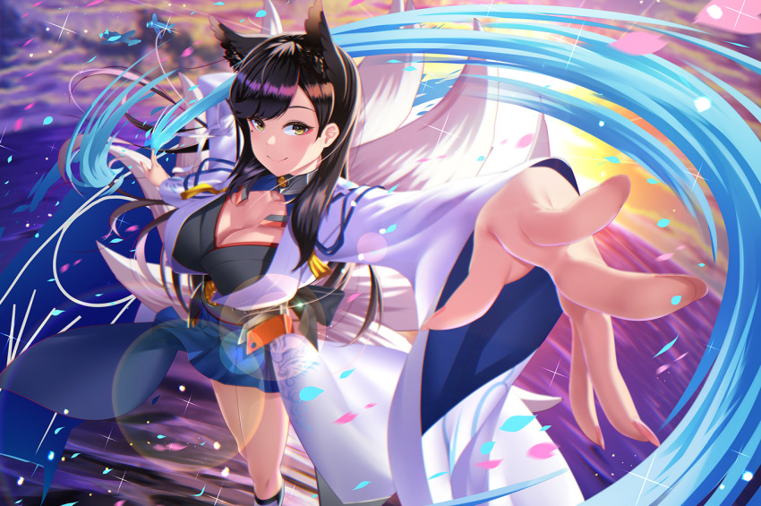 aircraft airplane animal_ears atago_(azur_lane) azur_lane black_hair blue_skirt breasts brown_eyes cleavage closed_mouth collarbone commentary_request cosplay extra_ears eyeshadow female fox_tail hakama hakama_skirt japanese_clothes kaga_(azur_lane) kaga_(azur_lane)_(cosplay) kagiyama_(clave) kayano_ai kimono large_breasts long_hair long_sleeves looking_at_viewer makeup mole mole_under_eye multiple_tails outstretched_arm pleated_skirt skirt smile solo swept_bangs tail voice_actor_connection wide_sleeves