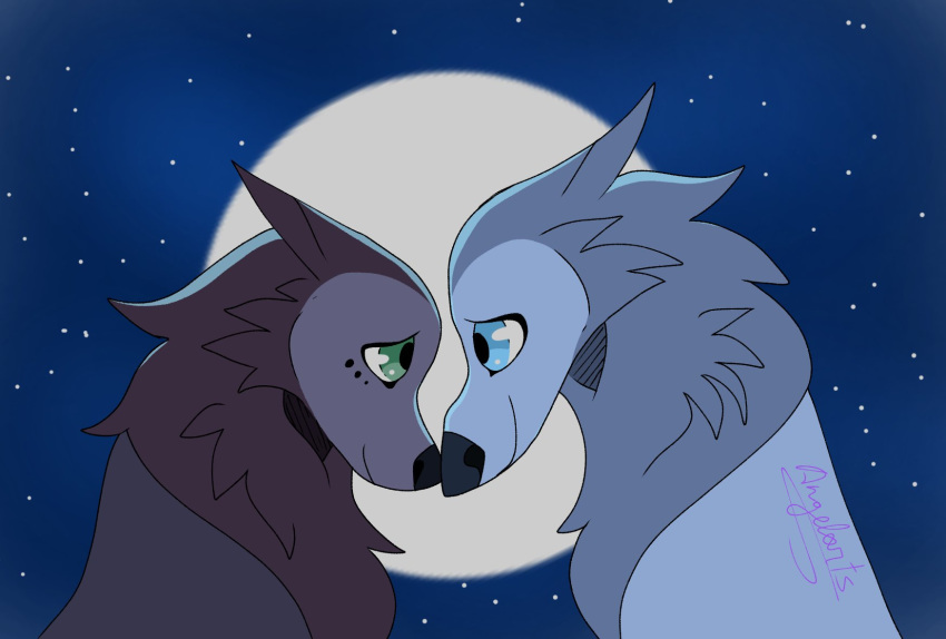 2020 angelarts blue_eyes brown_body brown_fur canid canine canis cartoon_saloon duo female female/female feral freckles full_moon fur green_eyes grey_body grey_fur heart_symbol hi_res mammal mebh_og_mactire moon night robyn_goodfellowe signature star wolf wolfwalkers