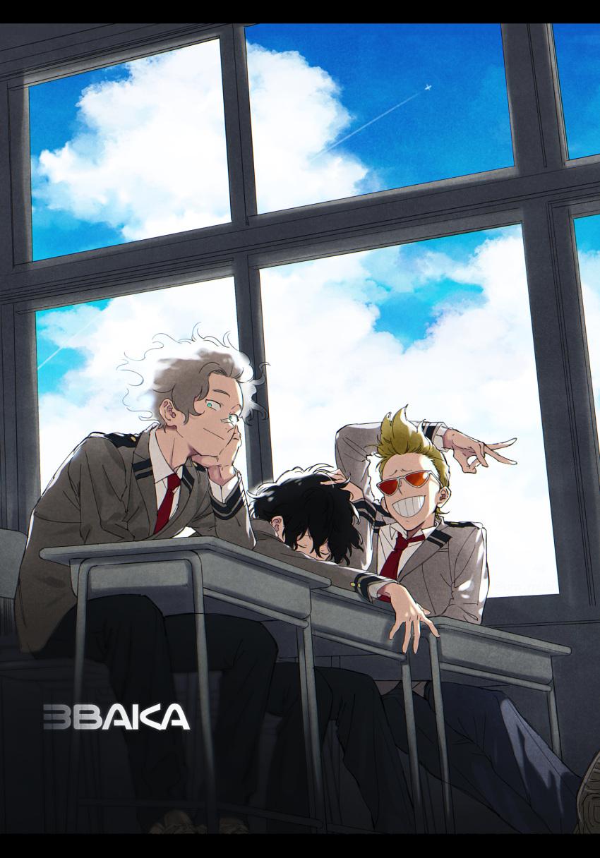 3boys aged_down aircraft arm_on_own_head black_hair blonde_hair blue_eyes blue_sky boku_no_hero_academia classroom cloud contrail day desk dress_pants eraser_head_(boku_no_hero_academia) fluffy foreground_text from_below grey_hair grin hand_in_own_hair hand_on_own_chin head_on_table head_rest highres indoors leaning_back leaning_forward letterboxed looking_at_viewer loud_cloud male_focus multiple_boys present_mic quiff school_desk school_uniform shocker_(gesture) sitting sky sleeping sleeping_upright smile sunglasses tinted_eyewear u.a._school_uniform ura_musi vigilante_-boku_no_hero_academia:_illegals- window