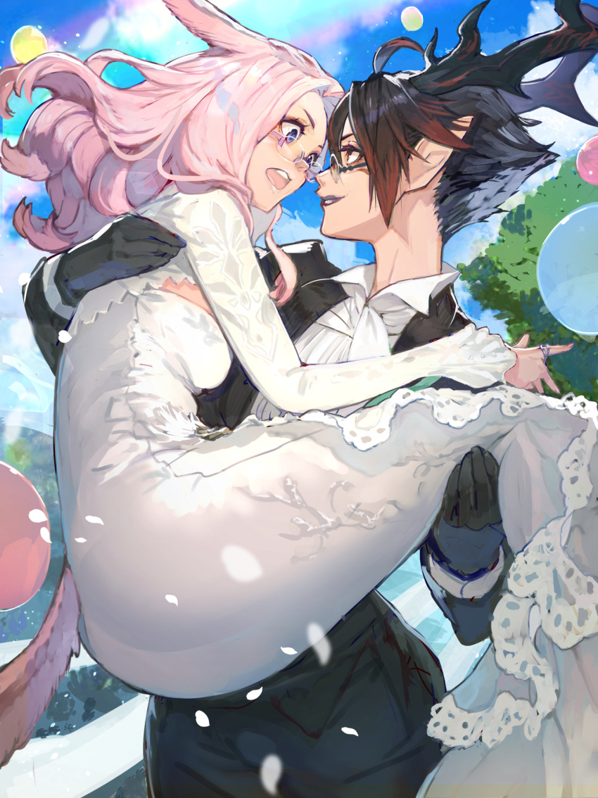 2girls ahoge animal_ears antlers black_gloves black_hair blue_eyes breasts bride brown_eyes carrying cat_ears cat_tail day dress elezen elf erika_thorne final_fantasy final_fantasy_xiv glasses gloves groom hide_(hideout) highres horns illeana_(miniordebry) jacket long_hair looking_at_another medium_breasts miqo'te multiple_girls open_mouth outdoors pink_hair pointy_ears princess_carry rimless_eyewear shirt short_hair suit_jacket tail warrior_of_light_(ff14) wedding wedding_dress white_dress white_shirt wife_and_wife yuri