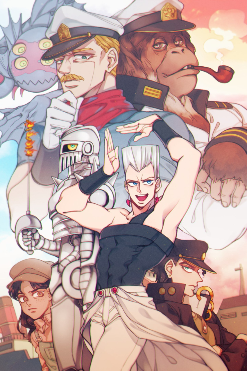 6+boys bad_id bad_pixiv_id blonde_hair blue_eyes cabbie_hat captain_tennille dark_blue_moon facial_hair female flattop forever_(jojo) gloves grey_hair hat highres jean_pierre_polnareff jojo_no_kimyou_na_bouken kujo_jotaro military military_hat military_uniform moustache multiple_boys orangutan overskirt pose rapier runaway_girl_(jojo) sempon_(doppio_note) silver_chariot smoking smoking_pipe stand_(jojo) stardust_crusaders strength_(stand) sword uniform weapon