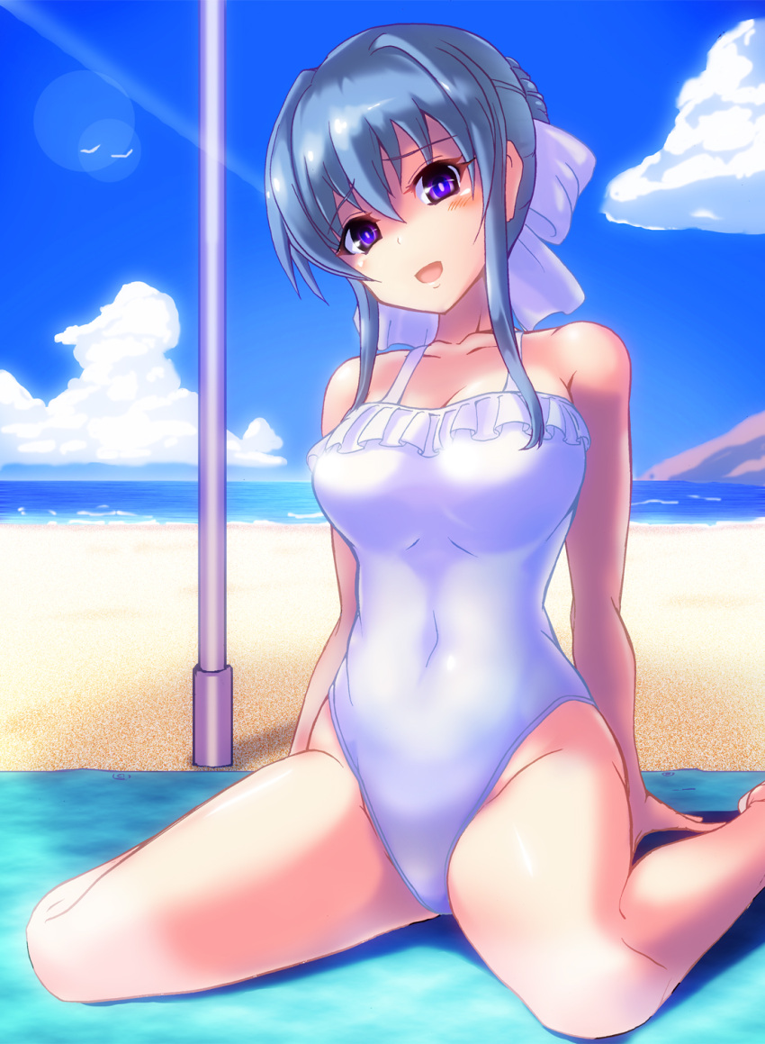 beach blue_eyes blue_sky breasts casual_one-piece_swimsuit cloud commentary_request commission covered_navel day female grey_hair hair_bun highres horizon kiyukisuke long_hair looking_at_viewer md5_mismatch medium_breasts one-piece_swimsuit outdoors pole single_hair_bun sitting skeb_commission sky solo strawberry_panic! suzumi_tamao swimsuit wariza white_one-piece_swimsuit