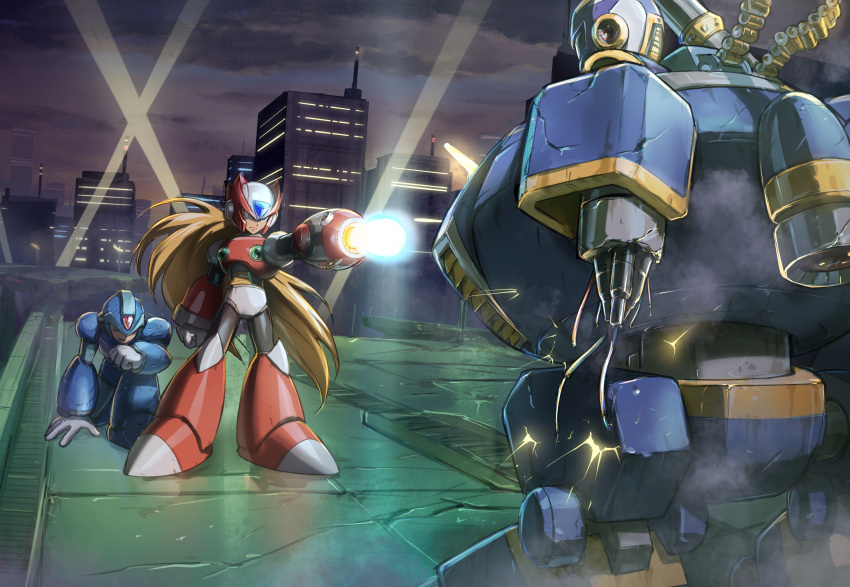 3boys absurdres android arm_cannon arm_support armor battle blonde_hair blue_eyes blue_helmet building cable closed_mouth cloud cloudy_sky commentary_request crack energy english_commentary firing gloves helmet highres highway hoshi_mikan long_hair male_focus mega_man_(series) mega_man_x1 mega_man_x_(series) mixed-language_commentary multiple_boys night on_one_knee outdoors ponytail purple_helmet red_helmet ride_armor riding scene_reference science_fiction searchlight serious sky skyscraper sparks standing very_long_hair vile_(mega_man) weapon white_gloves x_(mega_man) zero_(mega_man)