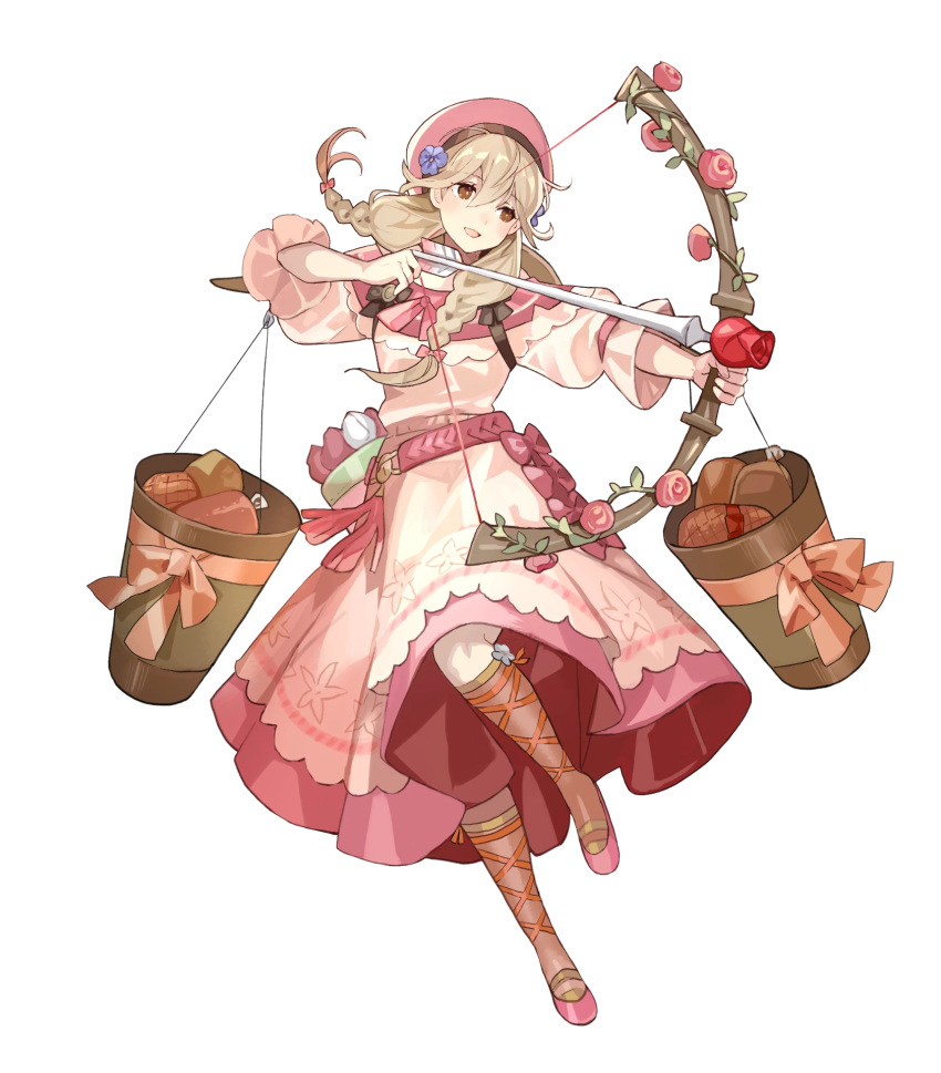 arrow_(projectile) belt blush bow_(weapon) braid brown_eyes brown_socks carrying_pole dress faye_(fire_emblem) faye_(valentine)_(fire_emblem) female fire_emblem fire_emblem_echoes:_shadows_of_valentia fire_emblem_heroes floral_print food full_body hat highres holding holding_bow_(weapon) holding_weapon leg_up light_brown_hair long_dress long_hair low-braided_long_hair low-tied_long_hair meat official_art open_mouth pink_dress pink_theme puffy_short_sleeves puffy_sleeves quiver shoes short_sleeves smile socks solo tobi_(kotetsu) transparent_background twin_braids twintails weapon