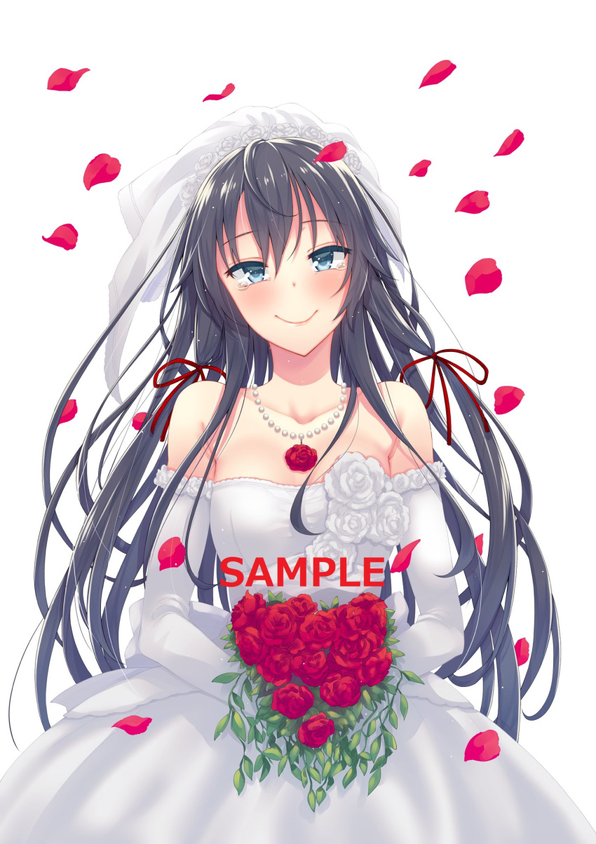 ahoge akino_sora bare_shoulders black_hair blue_eyes blush bouquet breasts breasts_apart bridal_veil bride closed_mouth collarbone cowboy_shot dress elbow_gloves falling_petals female gloves highres holding holding_bouquet jewelry long_hair looking_at_viewer medium_breasts necklace petals red_ribbon ribbon sample_watermark second-party_source smile solo strapless strapless_dress tearing_up veil very_long_hair watermark wedding_dress white_dress white_gloves yahari_ore_no_seishun_lovecome_wa_machigatteiru. yukinoshita_yukino