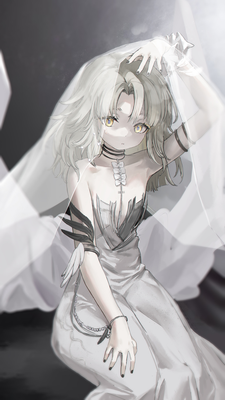 alternate_costume arm_up black_nails commentary dress erma_(girls'_frontline) female girls'_frontline grey_hair hand_up highres kisetsu looking_at_viewer medium_hair sitting solo white_dress white_veil yellow_eyes