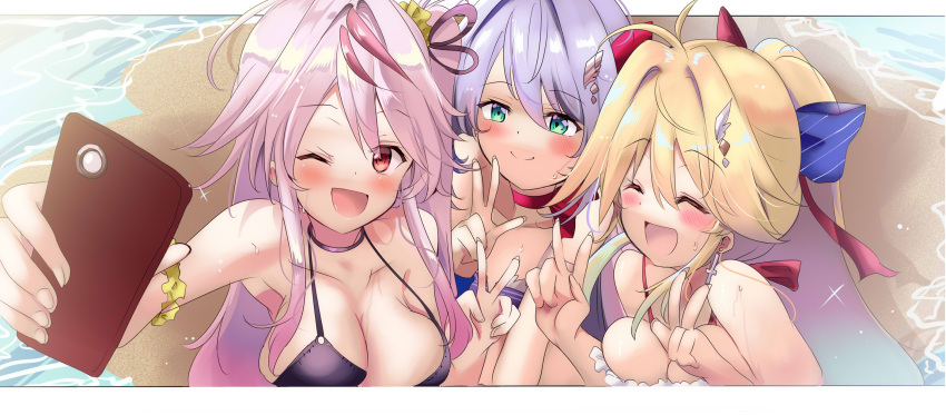 alternate_costume alternate_hairstyle azur_lane beach blush breasts cellphone closed_eyes collarbone commentary_request double_v grenville_(azur_lane) hair_between_eyes hair_ornament highres l'opiniatre_(azur_lane) large_breasts le_temeraire_(azur_lane) long_hair ocean open_mouth phone purple_hair red_eyes selfie smile swimsuit tonchinkan v wet