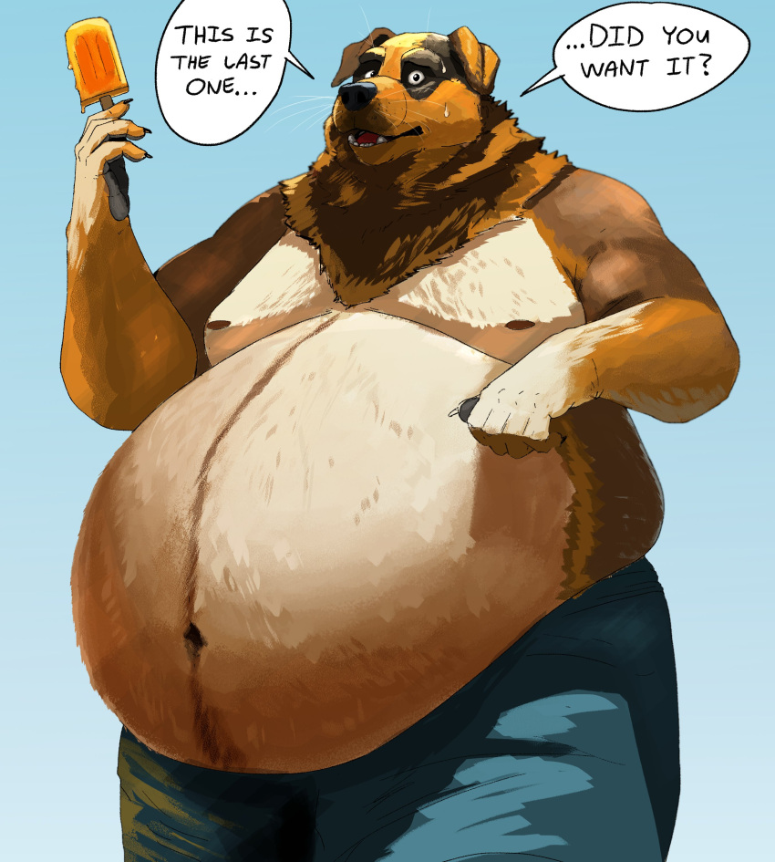 absurd_res anthro belly belly_overhang big_belly bodily_fluids body_hair brown_nipples canid canine canis claws clothed clothing dessert domestic_dog facial_tuft feedtheboss finger_claws food fur happy_trail hi_res holding_object looking_at_viewer love_handles male mammal mane moobs multicolored_body multicolored_fur navel nipples obese obese_anthro obese_male open_mouth outside overweight overweight_anthro overweight_male popsicle popsicle_stick shadow solo sweat sweatdrop teeth tongue topless tuft whiskers