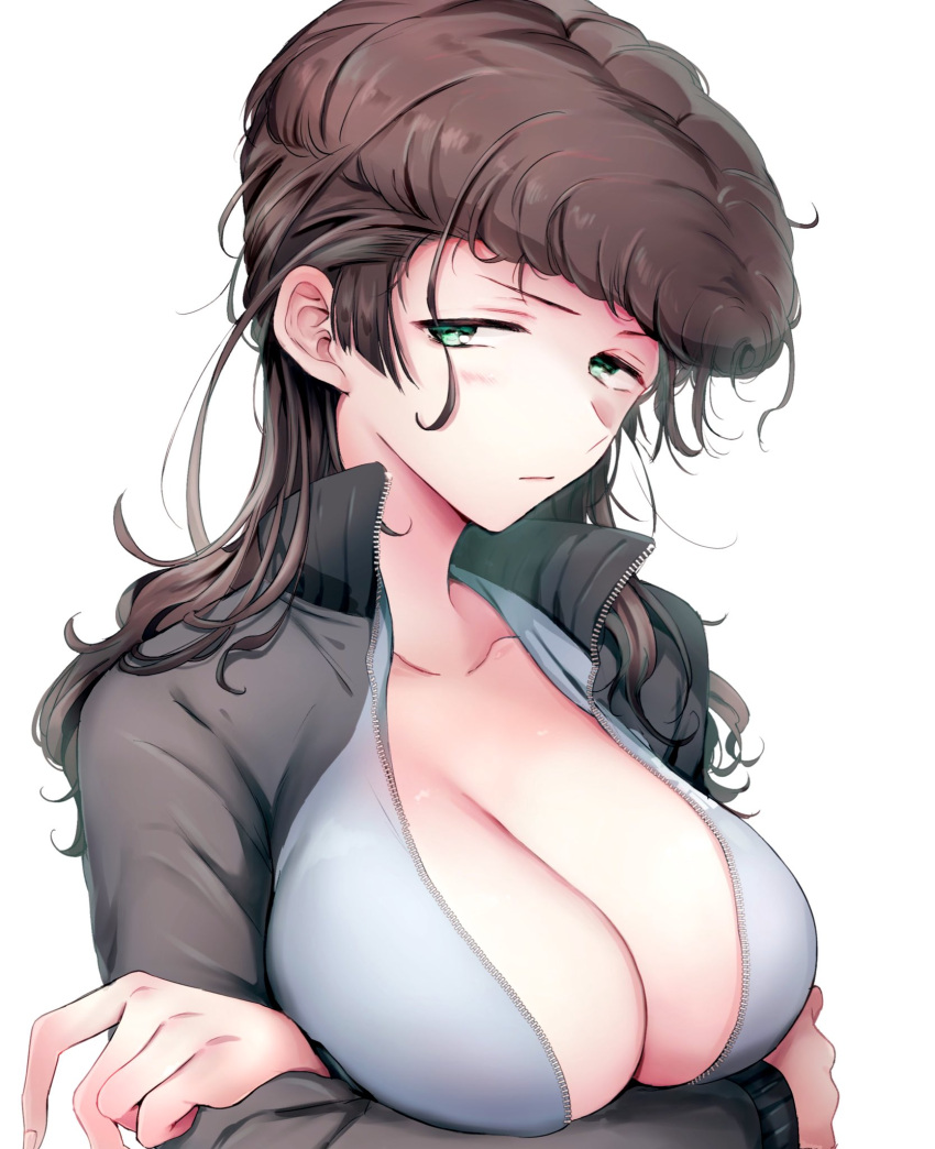 arms_under_breasts black_jacket blue_jacket breasts brown_hair cleavage closed_mouth commentary_request emilio_(tetsukazu_no_ao) female girls_und_panzer green_eyes highres jacket long_hair looking_at_viewer multicolored_clothes multicolored_jacket pompadour simple_background solo two-tone_jacket white_background yuri_(girls_und_panzer)