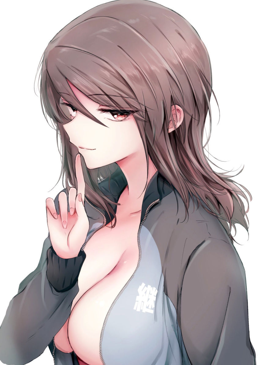 black_jacket blue_jacket breasts brown_eyes brown_hair cleavage closed_mouth commentary_request emilio_(tetsukazu_no_ao) female fingernails girls_und_panzer hair_between_eyes hand_up highres jacket light_smile looking_at_viewer medium_hair mika_(girls_und_panzer) multicolored_clothes multicolored_jacket open_clothes open_jacket simple_background smile solo two-tone_jacket upper_body white_background