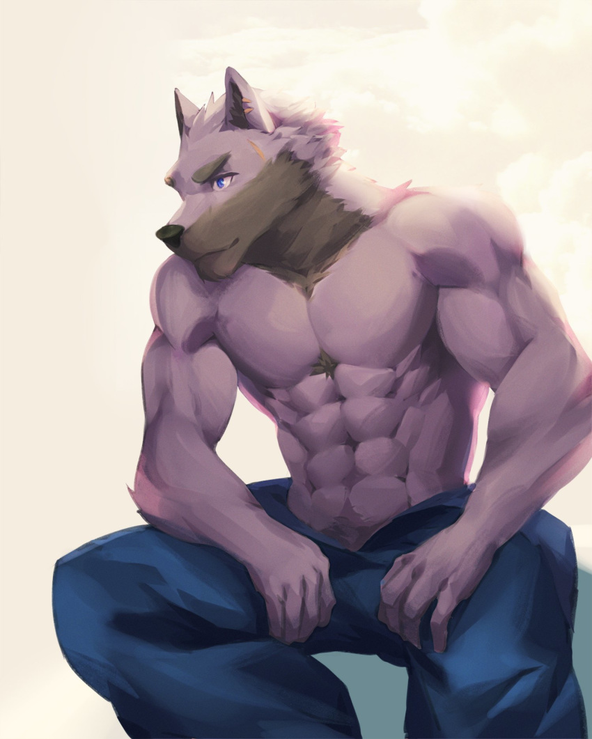 2018 abs anthro biceps bottomwear bozi canid canine canis clothed clothing digital_media_(artwork) fur hi_res male mammal muscular muscular_anthro muscular_male pants pecs solo topless wolf