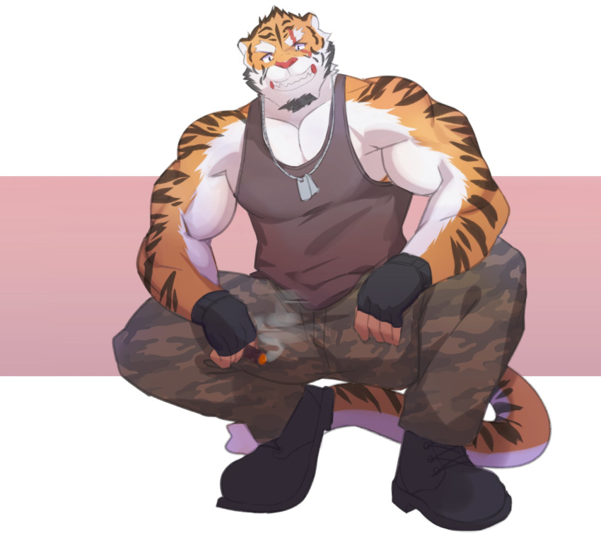 2018 anthro benki_wars biceps bozi cigar clothed clothing digital_media_(artwork) dog_tags facial_hair felid fingerless_gloves fur gloves goatee handwear hi_res jewelry lieutenant_trouser male mammal muscular muscular_anthro muscular_male necklace pantherine pecs scar shirt smile smoke solo stripes tank_top tiger topwear