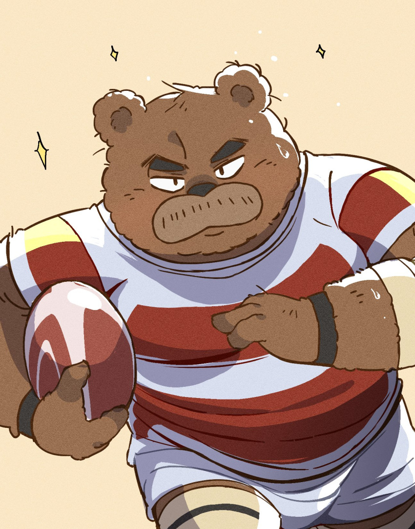 2024 anthro bear black_nose bottomwear brown_body brown_fur clothing fur hi_res kemono kumalino ma5ka4nai male mammal overweight overweight_male roast_(kumalino) rugby rugby_ball rugby_uniform sanrio shirt shorts simple_background solo topwear