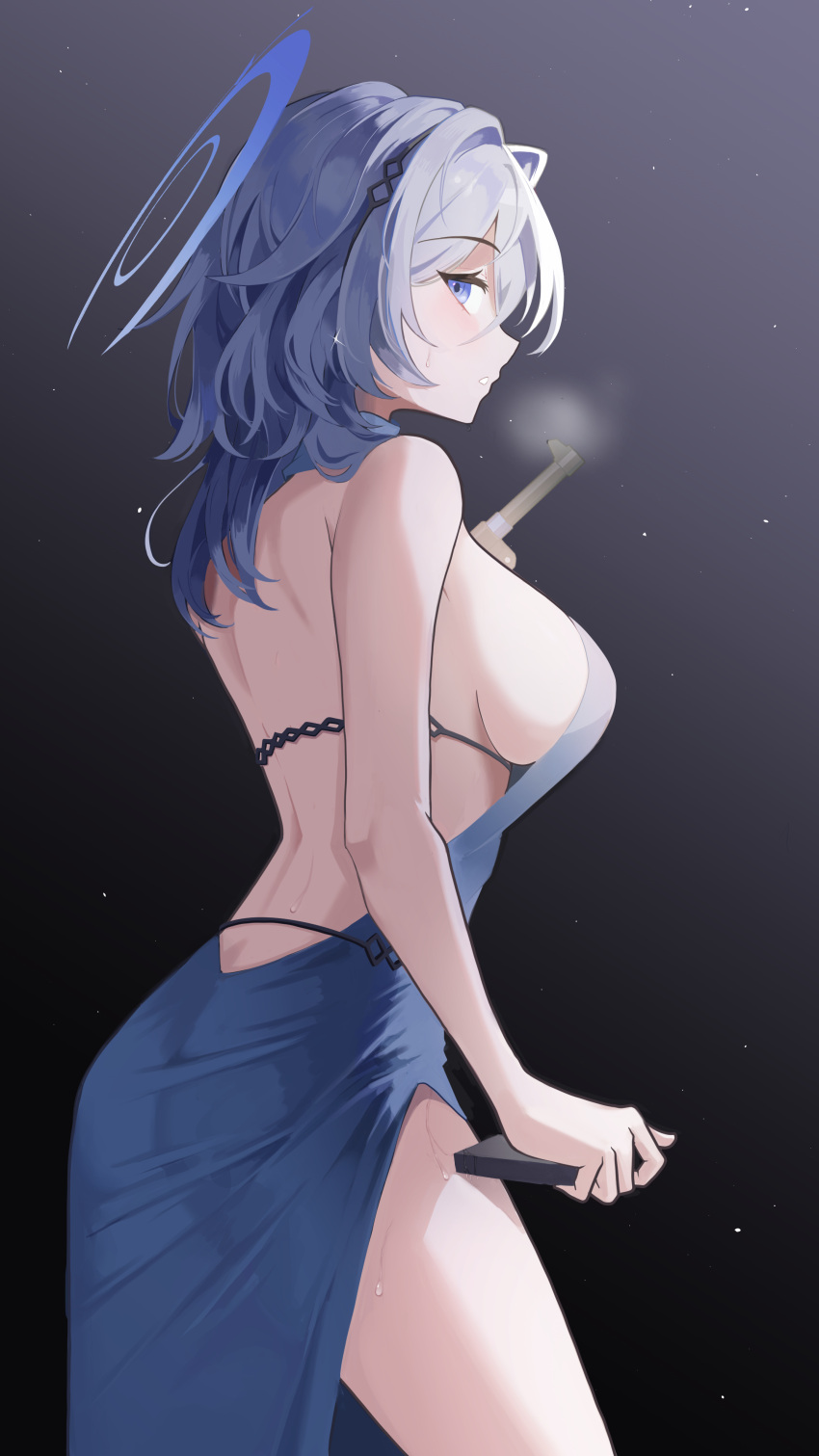 absurdres ako_(blue_archive) ako_(dress)_(blue_archive) ass backless_dress backless_outfit bare_arms bare_back bare_shoulders blue_archive blue_dress blue_eyes blue_hair breasts cocktail_dress commission cowboy_shot dress female from_behind from_side gun hairband halo handgun hanzdayo highres holding holding_gun holding_weapon large_breasts long_hair looking_at_viewer luger_p08 no_bra official_alternate_costume parted_lips profile side_slit sideboob sleeveless sleeveless_dress solo standing sweat thighs weapon white_hair