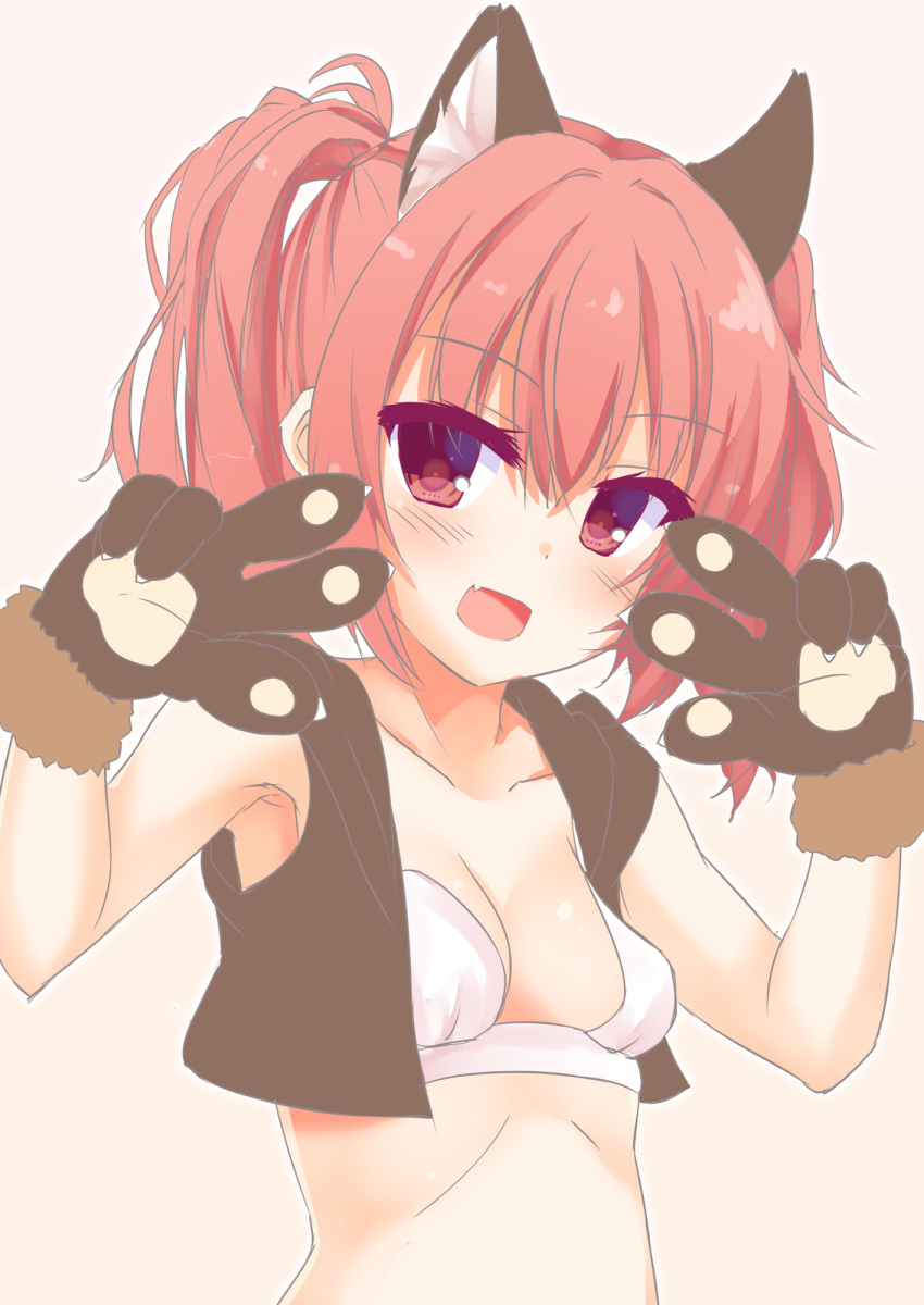 :d animal_ears animal_hands blush bra breasts brown_vest cleavage commentary_request double_v eyes_visible_through_hair fake_animal_ears female gloves hair_between_eyes halloween_costume hands_up happy highres inaba_meguru light_brown_background long_hair looking_at_viewer oerba_yun_fang official_alternate_costume official_alternate_hairstyle open_clothes open_mouth open_vest orange_hair paw_gloves red_eyes sanoba_witch segaxtu simple_background small_breasts smile solo tsurime twintails underwear upper_body v vest w_arms white_bra wolf_ears