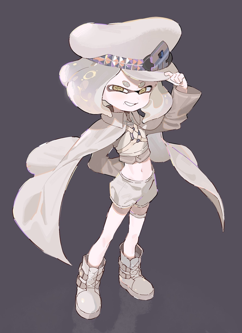 adjusting_clothes adjusting_headwear alternate_costume alternate_hair_color arm_behind_back cape collar_chain_(jewelry) crop_top female full_body grey_background grey_hair grin half-closed_eyes hat highres inkling kasabo0 long_sleeves medium_hair midriff navel pearl_(splatoon) reflective_floor shorts smile solo splatoon_(series) standing white_hat